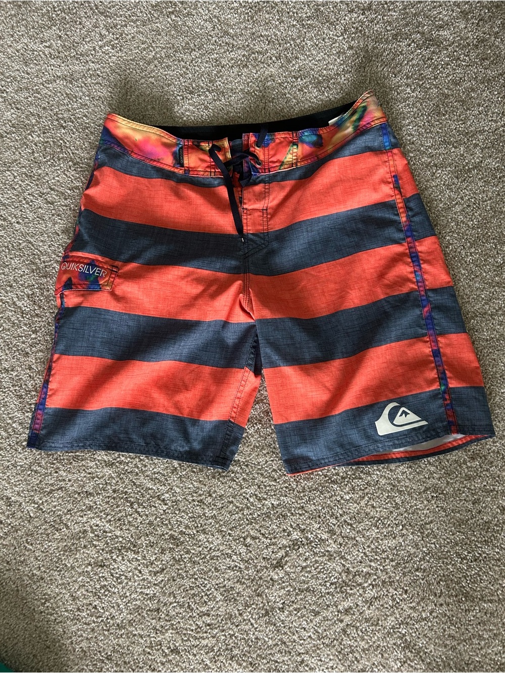 Quiksilver Orange and Navy Wide-Stripe Boardshorts
